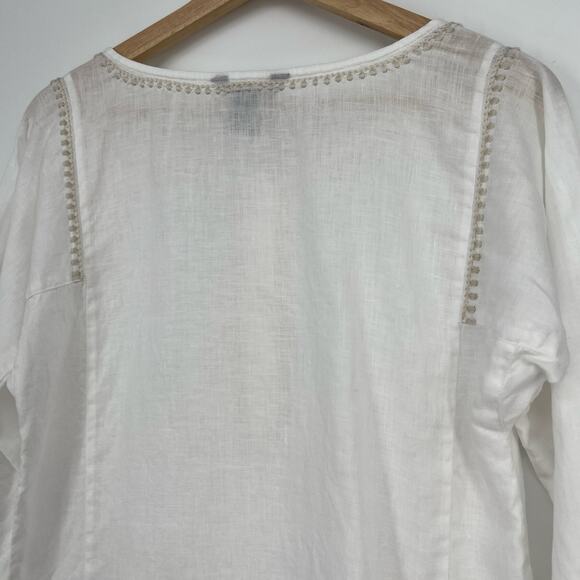 Eddie Bauer 100% Linen Tunic Top Womens Small White Tan Embroidered 3/4 Sleeve - Picture 5 of 11